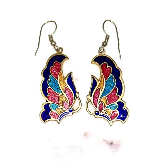 Cloisonne Multicolor Enamel Butterfly Dangle Drop Earrings - Picture 1 of 5
